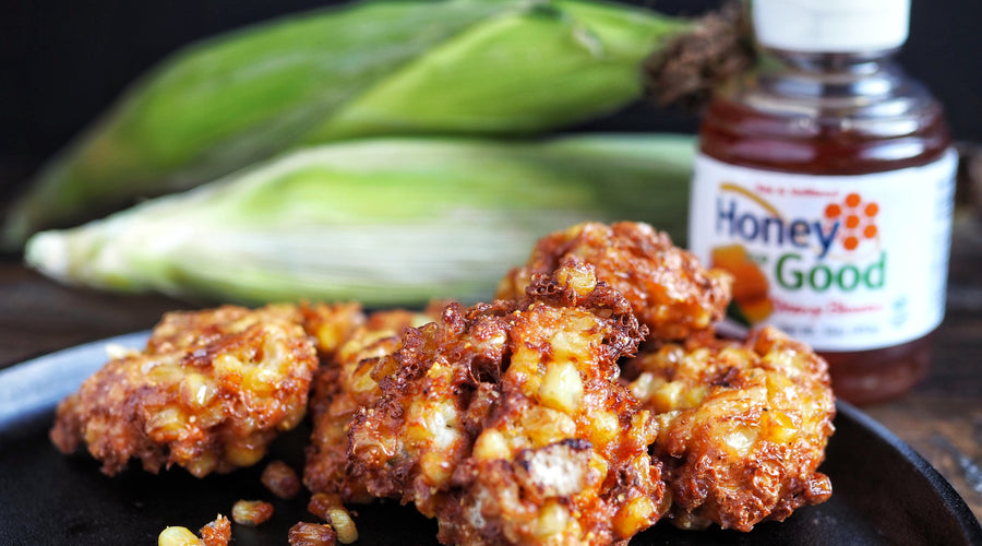 Cheesy Corn Fritters with Hot Honey