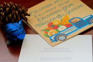 Second Harvest Holiday Cards with message and ornaments