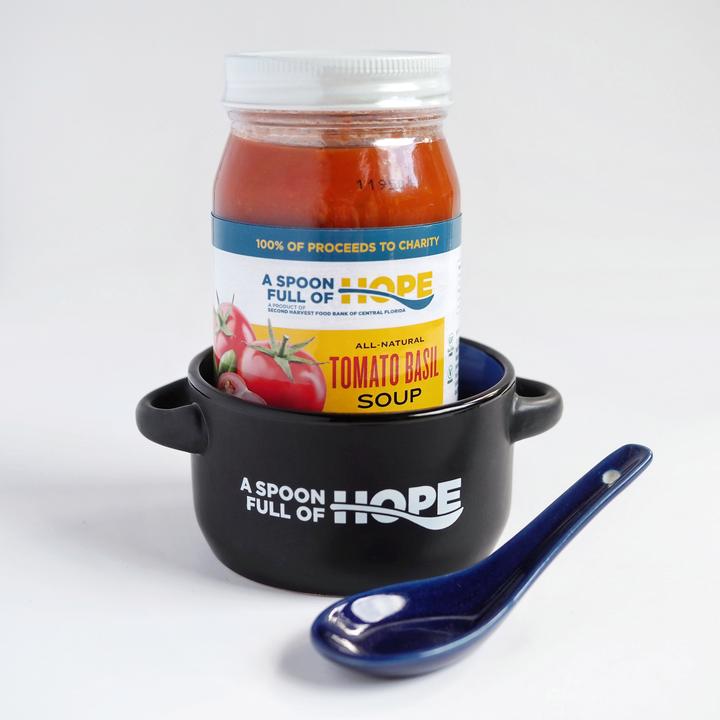 A Spoon Full of Hope Tomato Basil Soup Jar and logo ceramic bowl with spoon gift set