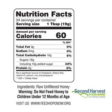 Nutrition label for 10 oz. Mangrove Honey